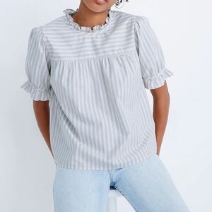 Madewell Ruffle-Neck Back Keyhole Oversized Top in Stripes size Small
